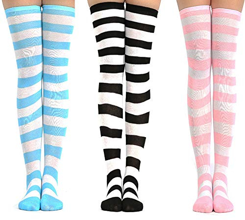 linjinde 3Paar Kniestrümpfe Cute Gestreift set für Damen Teenager Mädchen,Kawaii Bunt Pink Weiss Overknee Lange Strümpfe Streifen Geringelt Hohe Socken Thigh High Socks für Cosplay Fasching