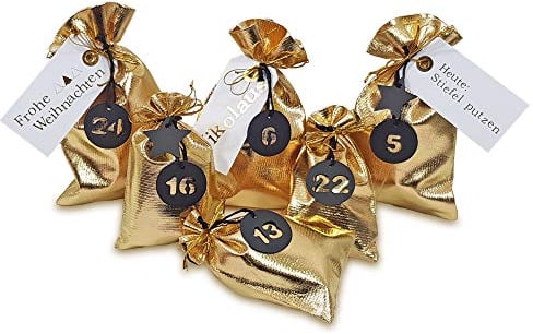 Frau WUNDERVoll® DIY Adventskalender zum Befüllen Schneeflöckchen Beutel Gold-Metallic Ziffern Schwarz/Weihnachtskalender,Zahlen,Beutel,Sack,Säcke,Säckchen,Stoffbeutel,Geschenkbeutel,Bastelset