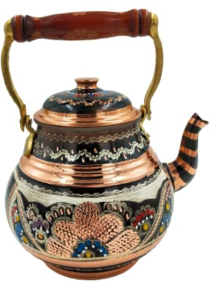 BAYKUL Turkish Copper Teapots 1mm Thick Handmade Hammared Copper with Lids and Wood Handle, Heavy Gauge Tea Pot Kettle for Stovetop, Vintage Maker Kettle for Glasses Tray Cups Serving (Copper 2)