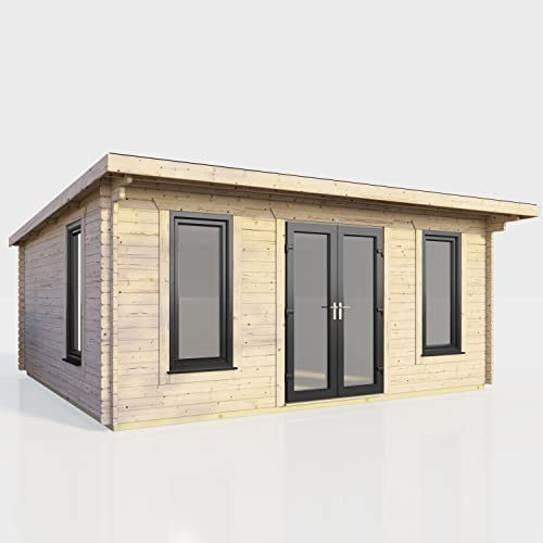 Powersheds High Grade Premium Pent Log Cabin with Double Door, EPDM Rubber Roofing, Door & Window Flexibility, made from Extra Thick Timber & Toughened Glass (Central Orientation Door)