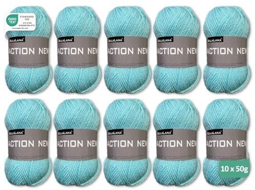 BellaLana Wolle Action New, Allzweckgarn, Stricken, 10x50gr, Mint | 100% Polyacryl-Garn, weich, angenehm & pflegeleicht - Lauflänge ca. 133m - Nadelstärke 3-4 - für Pullover, Schals, Decken