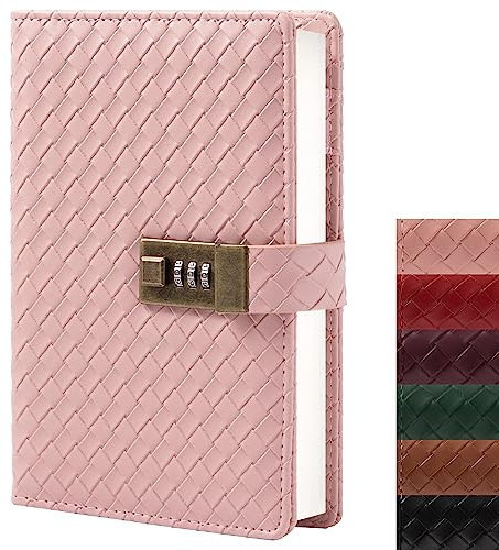 TIEFOSSI B6 Carnet de notes en cuir avec serrure à combinaison, papier à lettres ligné rechargeable de voyage, journal intime avec mot de passe secret pour femmes filles garçons (rose)