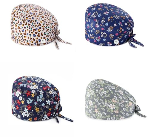 LIAOPUFUS 4 Piezas Gorro de Trabajo Unisex Turbante con Botón Cubren Cabeza Pañuelo Estampado