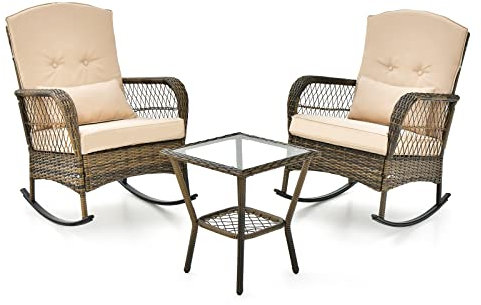 COSTWAY Conjunto de Muebles de Jardín de Ratán 3 Piezas, 2 Sillas Mecedoras y Mesa Auxiliar de Vidrio Templado, Cojines Extraíbles, Conjunto Mesa y Sillas Jardin Balcón, Patio Trasero y Porche