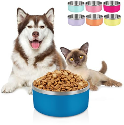 LIHONG Dog Bowls,Stainless Steel Dog Bowls for Large Dogs,Dog Food Water Bowls with Non Slip Rubber Bottom,Pet Feeding Bowl,Double Wall Insulated,Rustproof(64oz,Deep Blue)