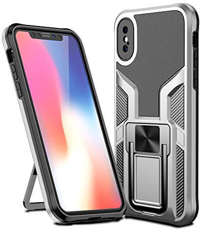 SharkProten Hülle für iPhone X/XS Stoßfeste Flexibel Handy Tasche Bumper Schutzhülle Ringhalter Ständer Robuste Case Cover mit Magnetverschluss, Silber