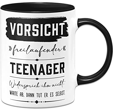 Tassenbrennerei Tasse - Vorsicht freilaufender Teenager - Kaffeetasse lustig mit Spruch als Geschenk zur Jugendweihe - Geschenkidee Sohn, Tochter (Schwarz)