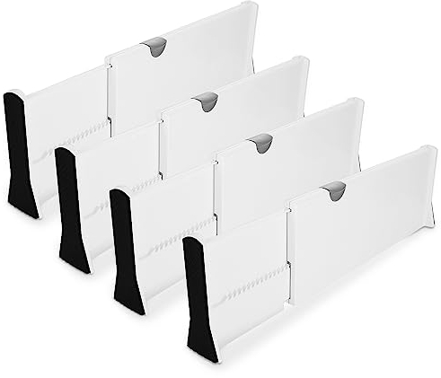 APACALI 4 Pack Adjustable Drawer Dividers, 5'' High Expandable from 12.9 to 21 Extendable Drawer Organiser Divider, Expandable Drawer Separators for Kitchen, Bedroom, Bathroom, Drawer, Office