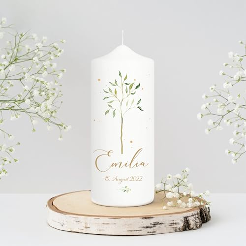 Wandtattoo Loft Taufkerze Mädchen oder Junge personalisierte Patenkerze, Motiv mit jungen Lebensbaum, 18cm x 7cm, personalisierte Kerze, bedruckte Kerze Taufe, Stumpenkerze, individuelles Taufgeschenk