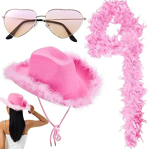 Chapeau de Cow-Boy Rose - Chapeau de Cow-Girl Moelleux avec Plumes et Bordure en Fourrure | Chapeau de Cow-Boy Rose à la Mode Respirant pour Photographie Vacances Mariage fête Unique
