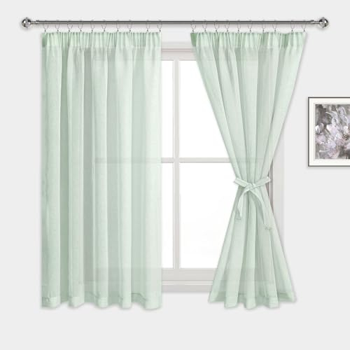 DWCN Voile Vorhänge mit Kräuselband Leinenoptik 2 Stücke Halbtransparent Vorhänge für Wohnzimmer,Durchsichtige Gardinen Kurz,Grün,160x140cm (Höhe x Breite)