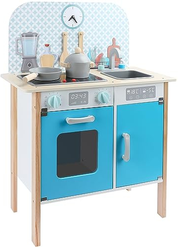 Leomark Cuisine enfant en bois avec horloge - Menfi - Cuisine de jeu pour enfants, hauteur 81 cm, à partir de 3 ans, avec plaque de cuisson, accessoires, horloge (bleu)