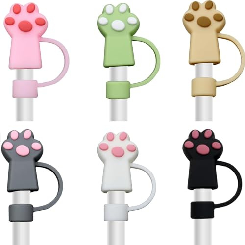 6 PCS Cat Straw Cover Protector Reusable Drinking Accessories Silicone Cat Paws Straw Topper Compatible with 10 mm Straws