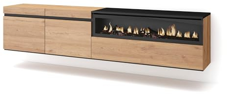 Skraut Home | Meuble TV | Banc Télé | Grand Espace de Rangement | 200x45x35cm | pour Les TV jusqu'à 80 | Cheminée électrique | Suspendu, Mural | Style Moderne | Chêne et Noir