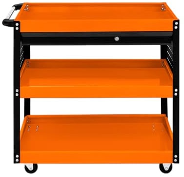 Carrello Portatile a 3 Piani con Cassetto con Serratura 2 Chiavi 4 Ruote Girevoli 2 Ripiani per Appendere 6 Ganci Capacità 150 kg Officina Garage Fai da Te Acciaio Verniciato a Polvere Resistente