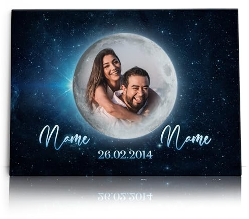 Liebesleinwand Leinwandbild personalisiert mit Foto | Leinwand gestalten mit Foto, Namen und Datum Geschenk für Partner | Mondschein