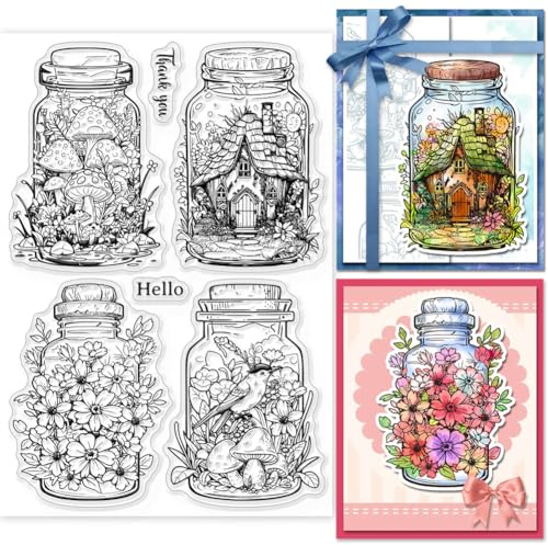 GLOBLELAND Flasche Blumen Klare Stempel Für Kartenherstellung Pilz Vogel Baum Haus Silikonstempel Transparente Stempel Für DIY Scrapbooking Fotoalbum Tagebuch Heimdekoration