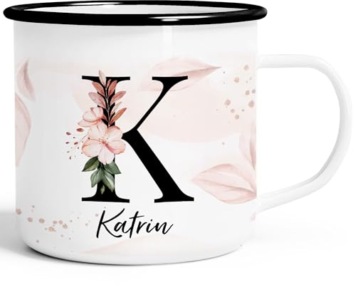 SpecialMe® Emaille-Tasse Monogramm Initiale mit Namen personalisiert Blumen Blüten Dekor Floral Buchstabe floral emaille-weiß-schwarz standard