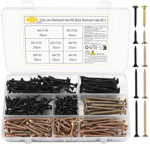 225 Pz M3.5 M4 Viti per Legno, Viti Autofilettanti, Viti per Cartongesso, Viti Autoperforanti a Testa Piatta, Viti Autofilettante a Testa Svasata Croce per Mobili, Colore Zinco/Nero