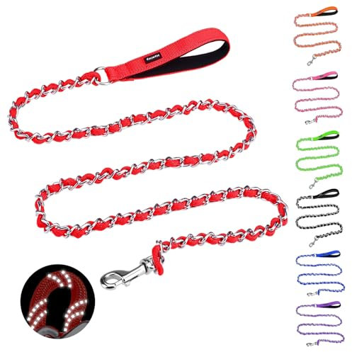 Homimp Chain Laisse réfléchissante en métal Anti-Mastication pour Grands Chiens de 1,8 m et poignée rembourrée Douce Confortable, Anti-Morsure et Durable avec Corde, Laisse Non mastiquable pour Gros