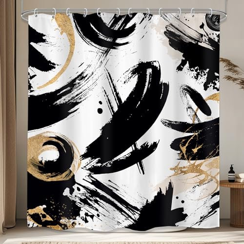 LIGHTINHOME Rideau de douche abstrait noir et blanc, 152,4 x 183 cm, moderne, minimaliste, géométrique, simple, esthétique, encre dorée, tissu unique cool en polyester imperméable, décoration