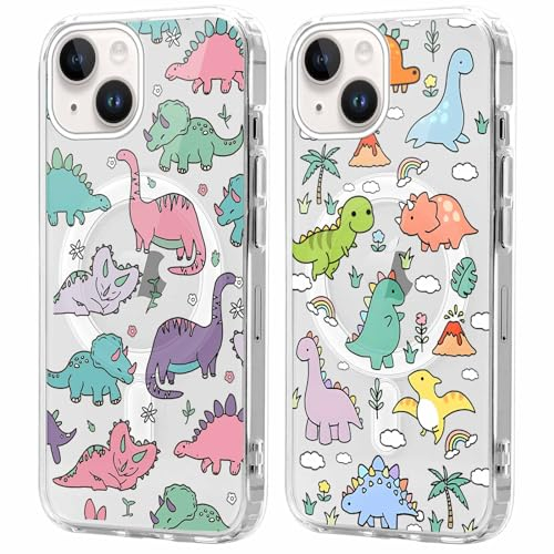 Xylota 2 Stück Magnetisch Hülle für iPhone 14/iPhone 13 6.1 '' [Kompatibel mit MagSafe], Mädchen Aesthetic Muster Design Klare Handyhülle, Transparent Stoßfeste Schutzhülle für iPhone 13, Dinosaurier