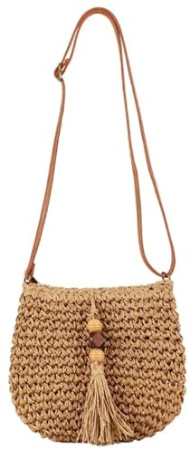 Straw Crossbody Bags For Women, Summer Purses, Handwoven Small Beach Hobo Bag (Light Brown)