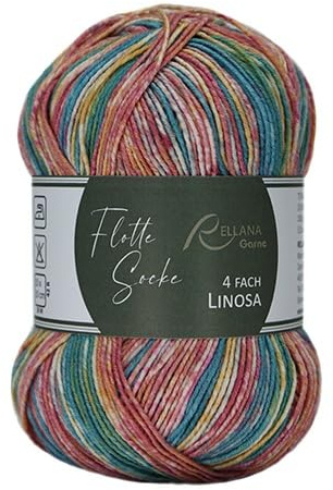 Rellana Flotte Socke 4f. Woolfree Linosa,93% Polyacryl und 7% Stretch-Polyester,100 g = ca. 420 m (1831 lachs-rosenholz-petrol-türkis)