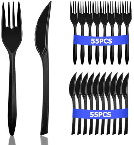 Flintronic Plastikbesteck Set, 110 Stück Wiederverwendbaren Party Besteck, Einwegbesteck Plastikbesteck Schwarz, Essbesteck Set, Messer und Gabel Set, 50 Gabeln/50 Messer