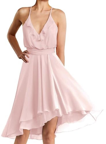 WSEYU Robe de demoiselle d'honneur courte pour invitée de mariage, robe de soirée, soirée formelle, bal de fin d'année, robe longue mi-longue, rose, 36