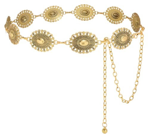 VONMELLI Damen Concho Kettengürtel Western Cowgirl Taillengürtel Türkis Metallkettengürtel für Kleid Gold L