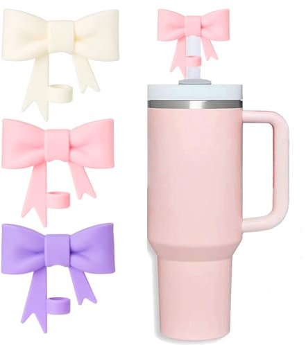 HIUSITY Bow Straw Cover Topper for Stanley Cup,Silicone Straws Toppers for Tumbler with Handle 40oz,Cute 10mm/0.4in Covers Cap,Dust-Proof Reusable Lids for Stanleys Cups Accessories,Pink