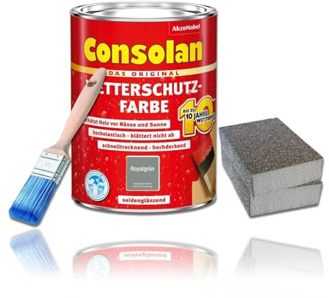 Consolan Wetterschutzfarbe Set 750 ml Holzfarbe Dauerschutz Deckend (Royalgrün)