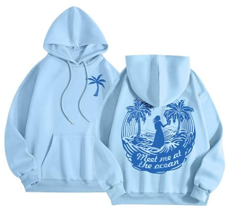 FAEXUM Pink Pom Puff Hoodie for Teen Girls Graphic Hoodie Cute Preppy Sweatshirt Long Sleeve Drawstring Tops With Pockets, 06 Light Blue, S