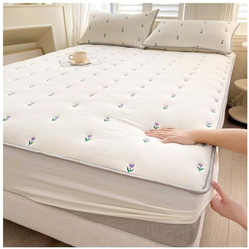 Mattress Topper Queen Full Size, Cotton Mattress Topper with Stretchable Pockets for 6-18 Inches Mattress, Soft Breathable Mattress Topper with Pillow Cover(Flower Beige,90x200cm(2PCS))