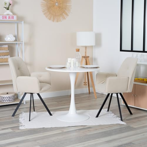 MEUBLE COSY Esstisch mit 2 Esszimmerstühle Drehbar, Essgruppen, 3er-Set, Runder Esstisch, Küchentisch mit 2 Essstühlen, Stahlgestell, für Esszimmer Küche Wohnzimmer, Weiß + Beige