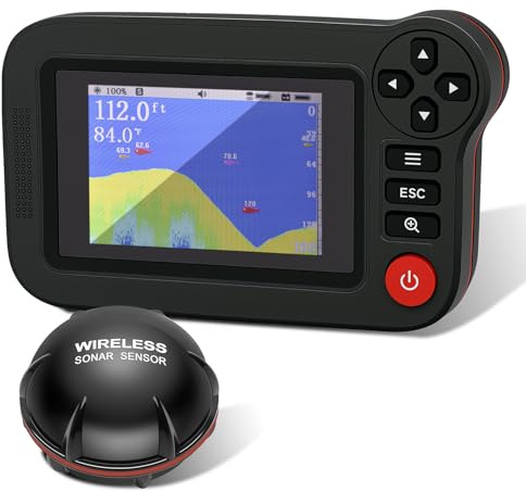 Neuer kabelloser tragbarer Sonar-Fischfinder, 2025, wiederaufladbarer Fischfinder und Tiefenfinder für Boote, 105°-Abstrahlwinkel, Sonarwandler, schwarz und rot, farblich passender intelligenter