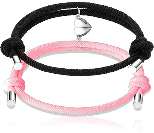 Matching Bracelets Couples Bracelets, 2 Pcs, Magnetic Love Heart Bracelet | Sturdy 3mm Nylon Rope, Adjustable 15cm-28cm, Magnetic Clasp, Pink Bracelet