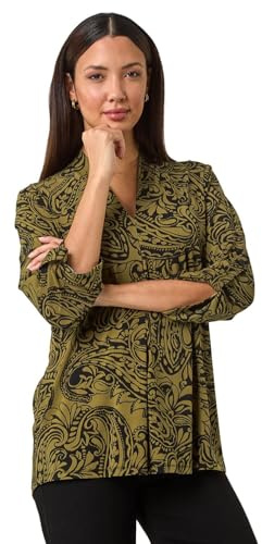 Roman Originals Leaf V Neck Stretch Jersey Top for Women UK Ladies Pleated Shirt Notch V Neck Blouse Summer Tunic Pull-On Soft Evening Holiday Work Party Everyday - Olive - Size 12