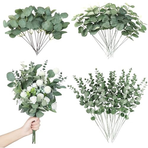 JAONLD Eucalyptus Artificiel 30 Pièces Feuillage Artificiel Feuille Eucalyptus Plantes Artificielles Branche Decorative pour Decoration Maison, Mariage Cuisine Composition Florale de Bureau