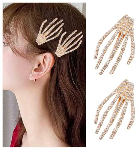 Cybche Gothic Skelett Hand Haarspange Gold Totenkopf Haarnadel Strass Skelett Hand Haarspange Totenkopf Hand Haarspange Geister Hand Pins Clips Barrette Halloween Side Clip Barrette Dekorativer