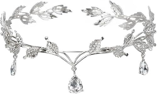MisFun Silber Elfenkrone, Prinzessin Crystal Crown, Kristallperlen Stirn Kopfschmuck, Vintage Strass Diadem, Tiara für Hochzeit Braut Motto Party Karneval Cosplay Festival Kostüm Zubehör