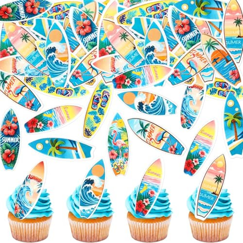 Blumomon 40 Stück Essbar Sommer Surfen Cupcake Topper Surfbrett Kuchen Topper Surfen Spiele Party Dekoration
