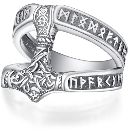 ADMETUS Wikinger Ringe Herren 925 Silber Thor Hammer Mjölnir Ring Wikinger Schmuck Geschenke für Herren Männer Ringe Größe 57