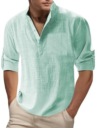 Yekdmxop 2025 Camicia Lino Uomo Elegante Manica Lunga Slim Fit Coreana Camicie Estiva Firmate Henley Shirts Cotone Camicie da Spiaggia Casual con Bottoni Tinta Unita Traspirante Shirt Bianca