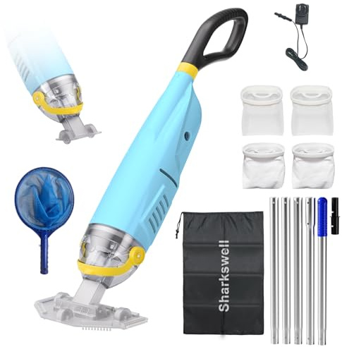 Sharkswell Upgraded Cordless Pool Vacuum with Telescopic Pole, 60 Min Powerful Suction & Transparent Head, Rechargeable Handheld Cleaner for Above Ground Pools, Inground Pools, Hot Tubs and Spa