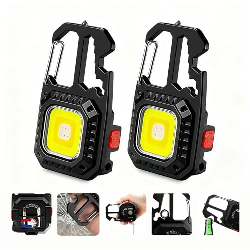 MAKDAK COB Schlüsselanhänger-Arbeitsleuchte, wiederaufladbar, EDC Taschenlampe, 7 Modi, Hi-Lumen-Taschenlampe, Flaschenöffner für Camping, Notfall, Spazierengehen, Reparaturen 2 Stück Schwarz