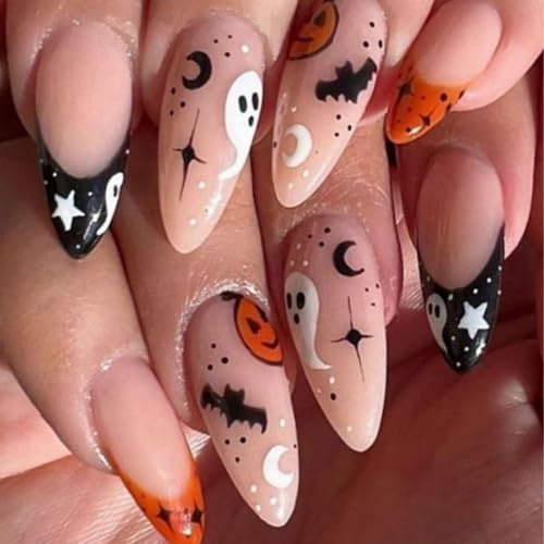 Halloween False Nails - 24Pcs Almond Press on Nails Medium - Stiletto Nails Halloween Fake Nails with Ghost, Bat, Pumpkin Patterns - Full Cover Almond Nails for Nail Art Manicure