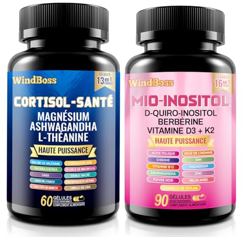 WindBoss 60 + 90 capsules Ensemble de capsules Myo-inositol et de cortisol, naturel, sans additifs et végétalien