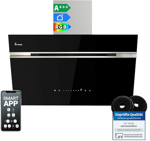 KKT KOLBE Dunstabzugshaube Wandhaube AURORA8005SE, 80 cm kopffrei | 782 cbm/h, Abluft und Umluft, Edelstahl und Glas, schwarz und silber, SensorTouch-Bedienung, RGBW-LED-Beleuchtung, WLAN
